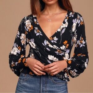 Free People shirt Saturday night black floral wrap top XS NeW stretch